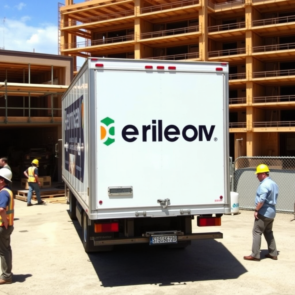 A delivery truck with the company logo is dropping off equipment at a construction site. Workers are unloading the equipment safely. The scene conveys efficiency, convenience, and a focus on customer service. The sky is bright and clear.