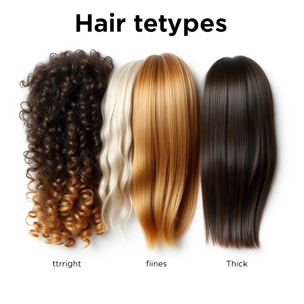 A detailed 4K image showcasing various hair types. From curly to straight, fine to thick, each section is clearly defined with individual strands visible. The lighting is bright and even to highlight the texture and differences between each type. Background is a clean, neutral gray. The image should serve as an educational visual guide to different hair textures.