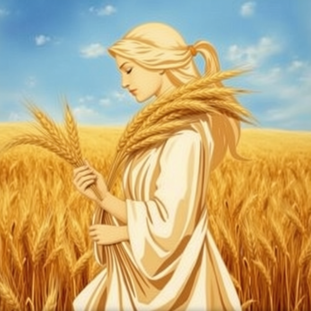 A detailed image representing Virgo. Depict a stylized maiden silhouette holding a sheaf of wheat. The background should feature a field of golden wheat under a clear blue sky. The overall feel should be one of purity, diligence, and health. Lighting should be bright and natural. Style: A realistic painting with intricate details and soft textures. High quality.
