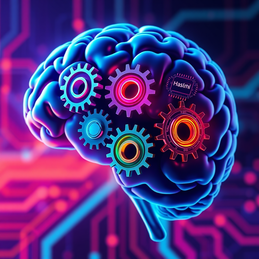A digital artwork of a brain with gears and circuits inside it, each representing a different industry and showing AI's ability to adapt to various sectors. Vivid, neon colors. 4K resolution.