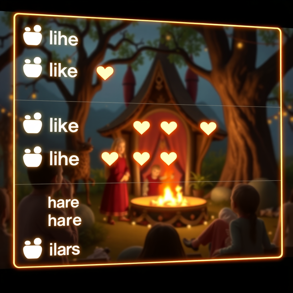A digital display showing social media engagement metrics (likes, shares, comments) overlaid on a scene from a fairy tale video. The metrics are glowing and vibrant. Modern, clean aesthetic. Bright, energetic color palette. Composition emphasizes the connection between content and audience response.