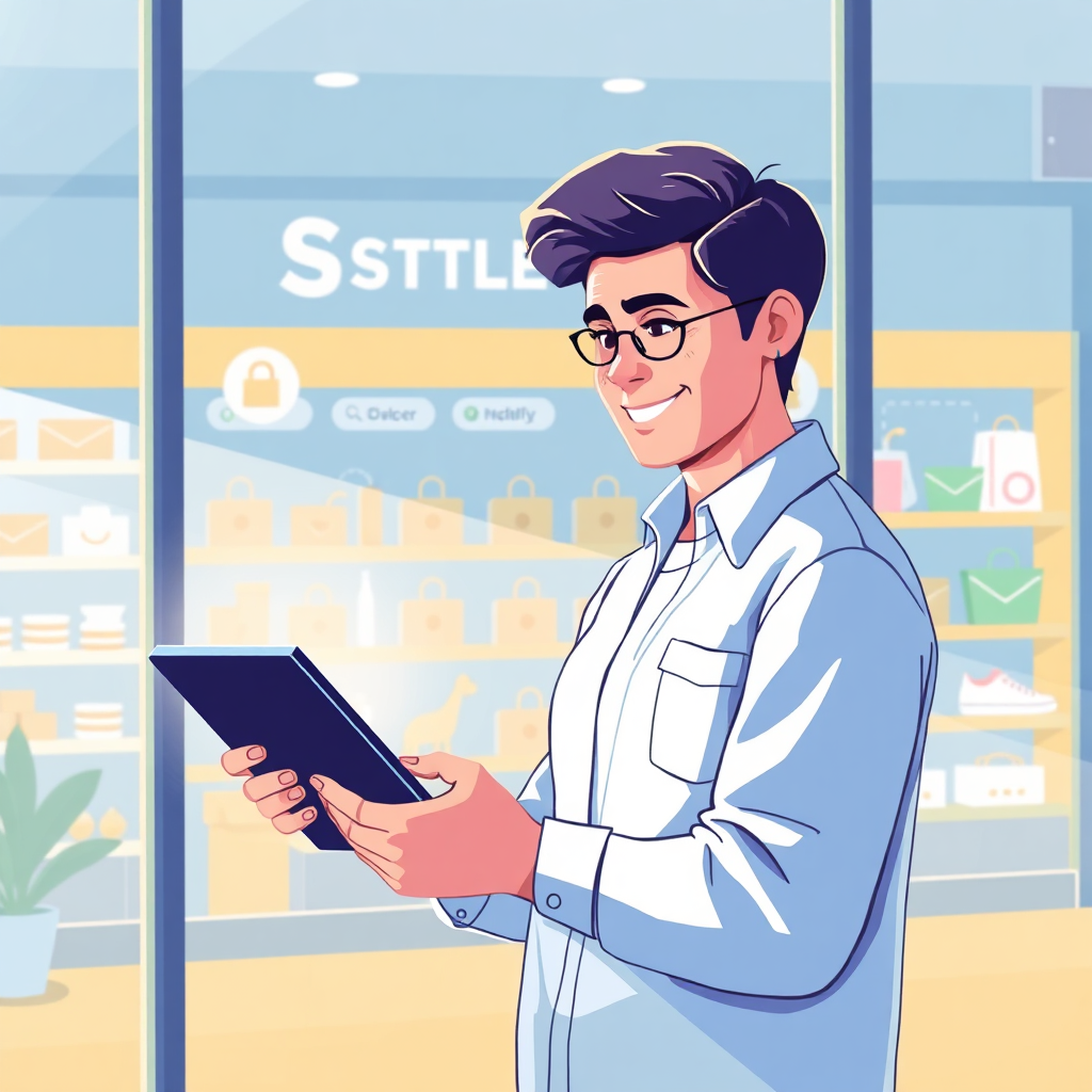 A digital illustration of a customer effortlessly browsing through a virtual storefront on their tablet. The scene is brightly lit and features a vibrant color palette. The storefront is filled with neatly arranged products and services icons, with clear call-to-action buttons. The customer's face is expressive, showing satisfaction and enjoyment. Soft shadows and gradients add depth and dimension. The image is rendered in a modern, flat design style.