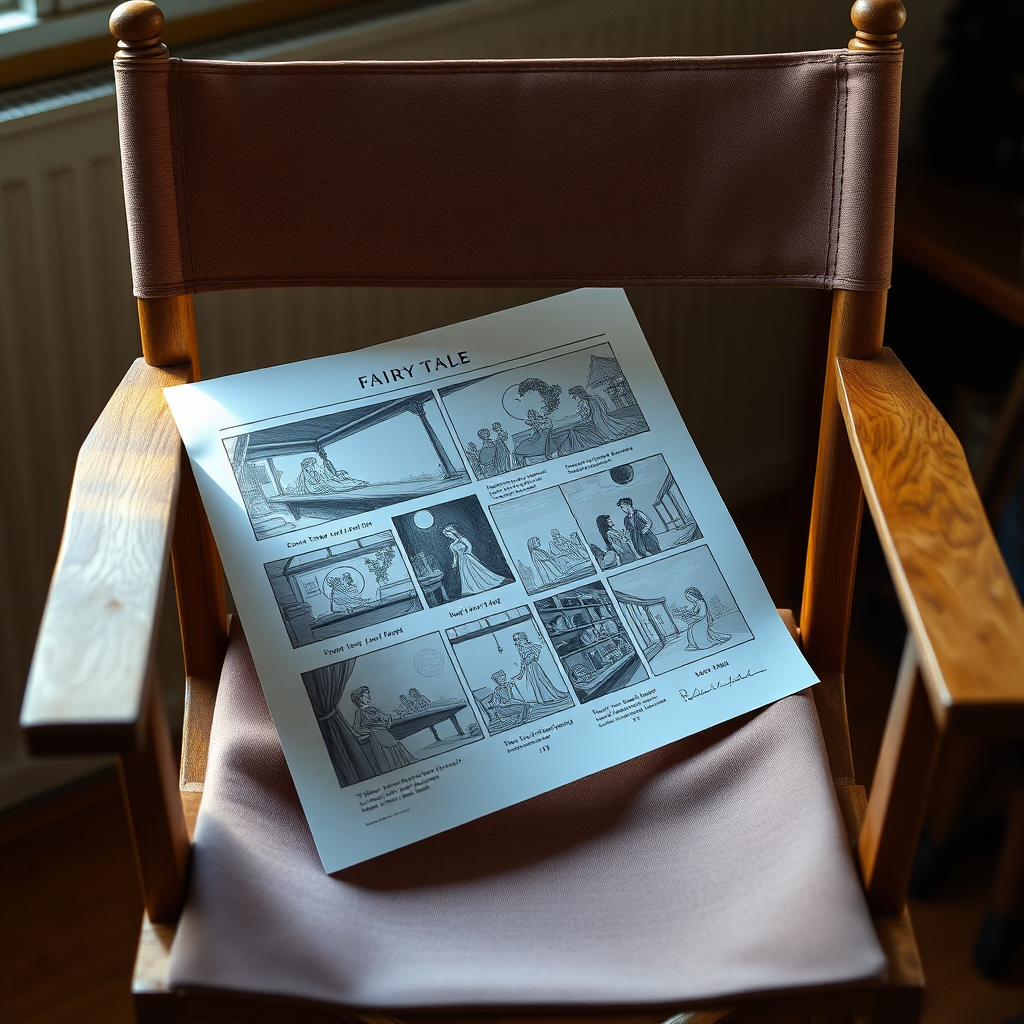 A director's chair with a storyboard resting on it, showcasing key scenes from a fairy tale. The storyboard is detailed and visually engaging. Soft, natural lighting. Warm, inviting color palette. Composition emphasizes the creative process and storytelling.