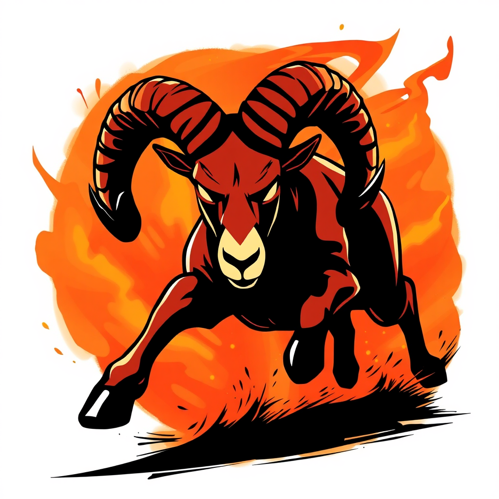  A dynamic and energetic image representing Aries. Depict a stylized ram silhouette charging forward against a backdrop of fiery orange and red hues. The ram should have glowing eyes and a determined expression. The background could contain abstract representations of flames and sparks. The overall feel should be one of power, courage, and initiative. Lighting should be dramatic and contrast-rich. Style: A modern, graphic design style with bold colors and sharp lines. High quality.