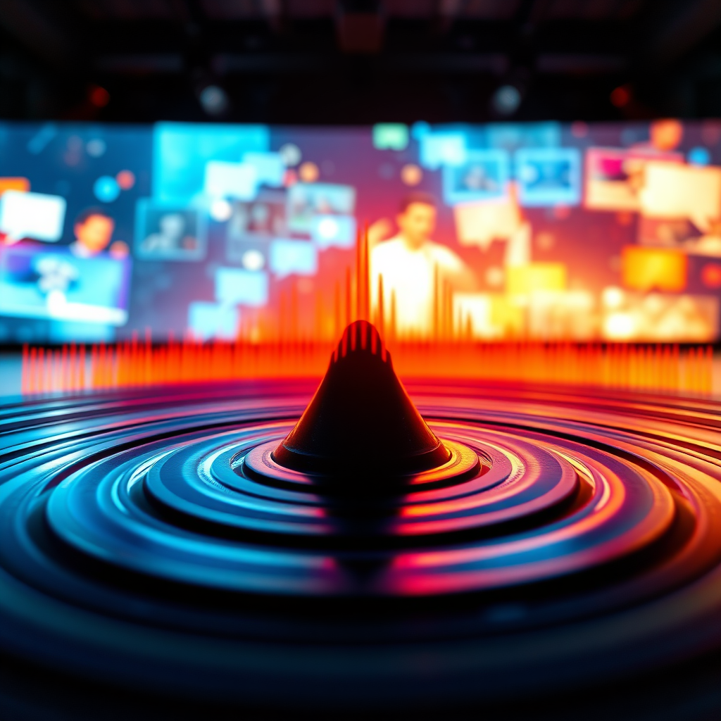 A dynamic image depicting a sound wave radiating outward from a central point, creating a ripple effect that symbolizes engagement and impact. The sound wave should be rendered in a vibrant and energetic color palette, with visual effects that convey a sense of power and intensity. The background could feature abstract visualizations of audience interaction and feedback. Lighting should be dramatic and directional, emphasizing the central point of impact. Camera angle: slightly low, emphasizing the scale and power of the sound wave. Style: modern, abstract, and visually striking.