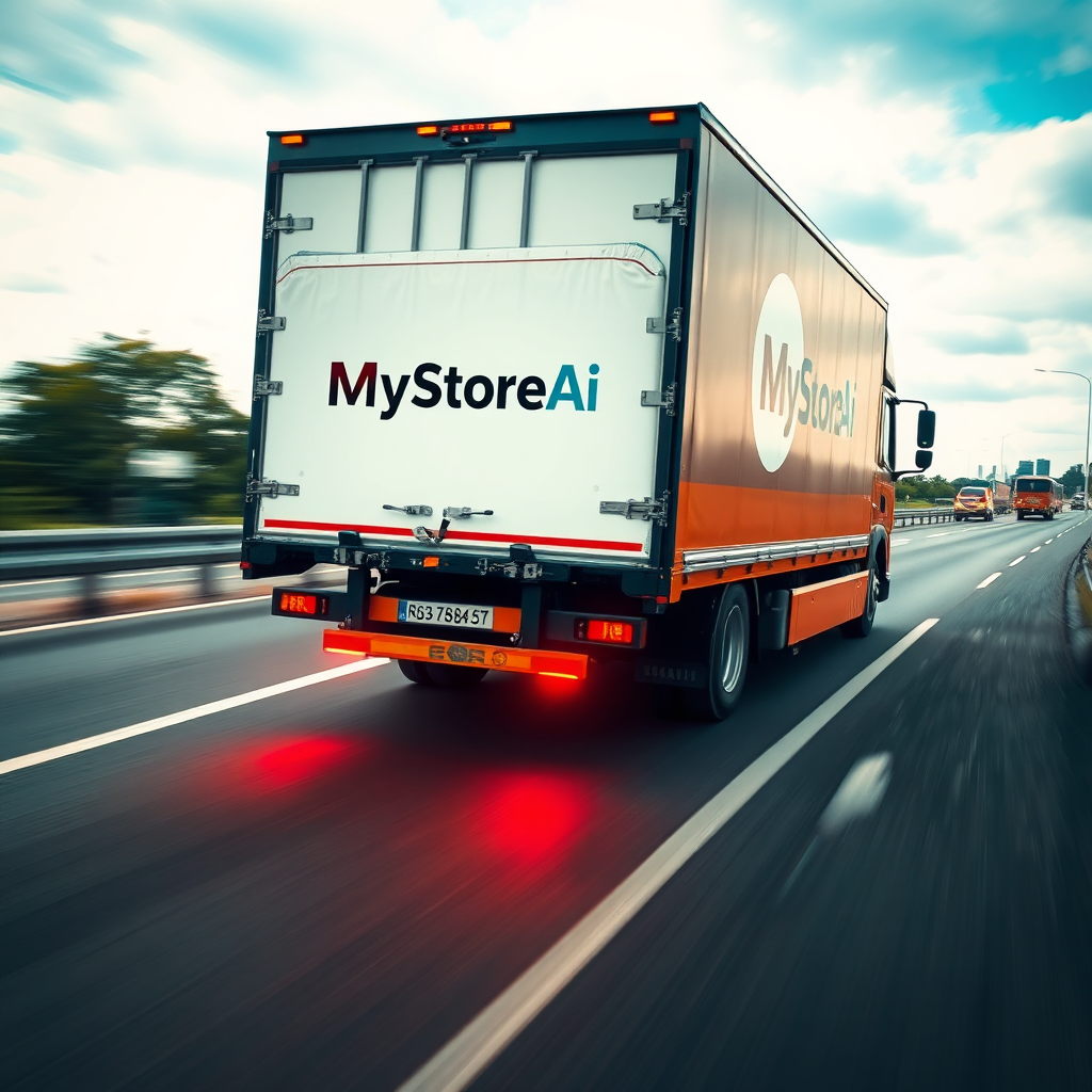 A dynamic image of a delivery truck speeding down a highway, with a package clearly visible in the back. The truck is emblazoned with the MyStoreAi logo. The scene is brightly lit and conveys a sense of speed and efficiency. The sky shows good weather, suggesting safe travel.