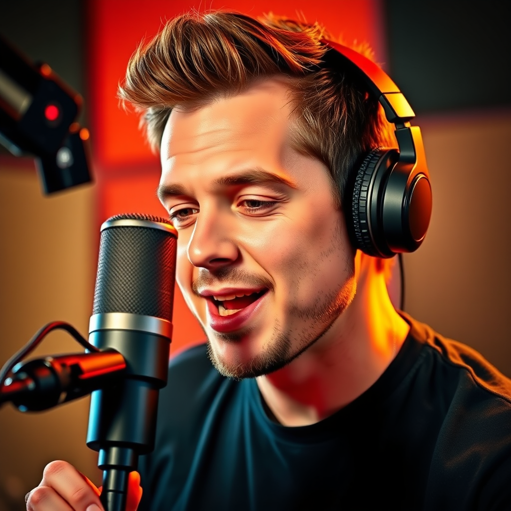 A dynamic image of a person speaking into a high-quality microphone in a professional podcasting studio. Focus on the person's expression and the equipment. Use vibrant colors and dramatic lighting to create a sense of energy and excitement. Style: modern and engaging.