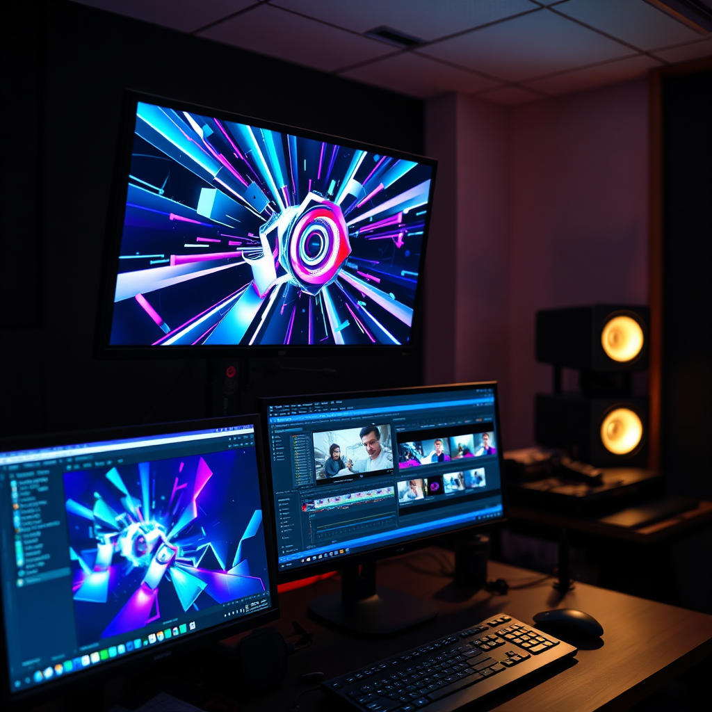 A dynamic image showcasing a video editor's workstation with multiple monitors. One monitor displays a complex motion graphics sequence, while another shows a detailed video timeline. The environment is a modern, dimly lit studio with soft lighting emphasizing the screens. Focus on the vibrant colors and intricate details of the motion graphics. Camera angle: slightly above, capturing the entire workstation.
