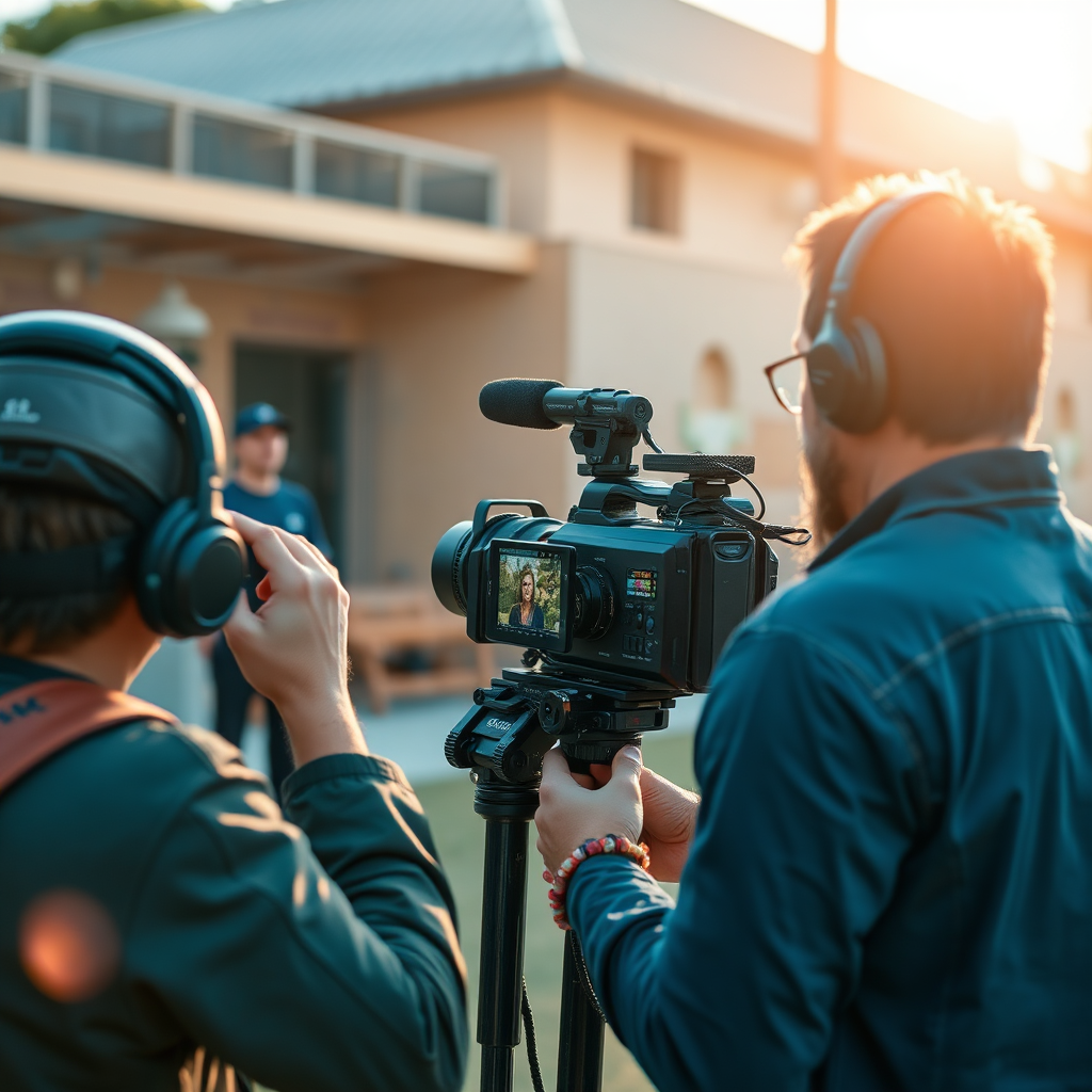 A dynamic image showcasing a video production crew filming on location. The scene shows a camera operator filming an actor in a dramatic setting. The environment is a vibrant outdoor location with natural lighting. Focus on capturing the energy and professionalism of the crew. Camera angle: medium shot, capturing the overall scene.