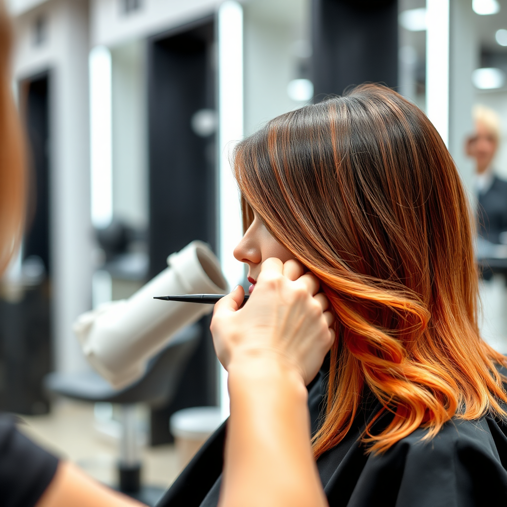A dynamic image showing a colorist skillfully applying hair dye to a client's hair. The color is vibrant and the application is precise. The background is a modern salon setting. The lighting is bright and showcases the richness of the color.