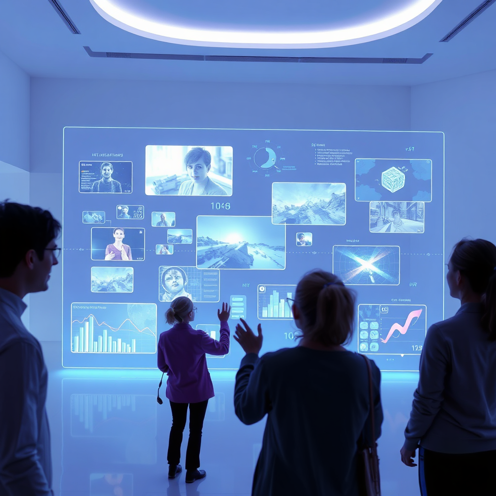 A futuristic, photorealistic image featuring a holographic display projecting various video formats and data visualizations. People are interacting with the holograms, gesturing and observing. The environment is a clean, minimalist space with soft lighting. The color palette is dominated by cool blues and purples, giving a sense of innovation and technological advancement. Style reference: concept art from science fiction films, emphasizing sleek designs and immersive technology.