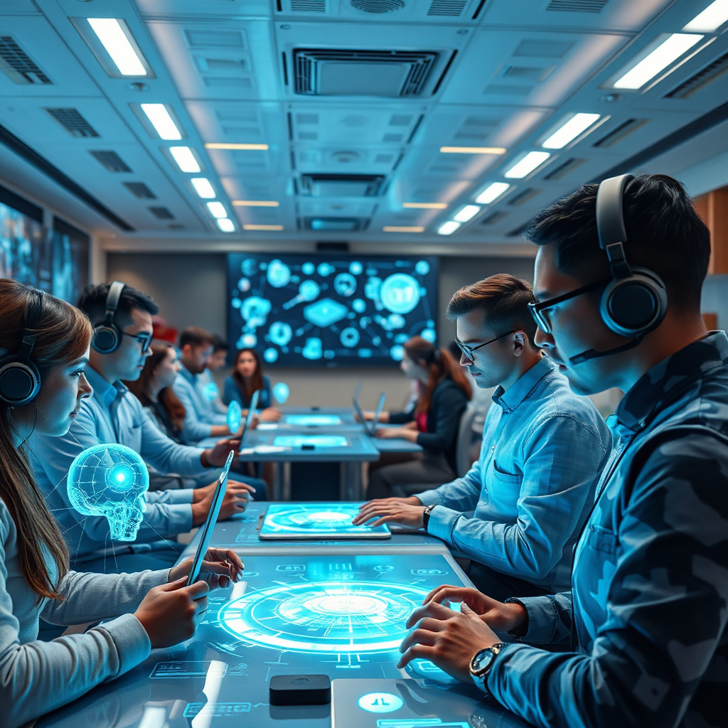 A futuristic scene showing a classroom filled with individuals learning about advanced AI technologies, with holographic displays and interactive learning tools. Bright, inspiring atmosphere. 4K resolution.