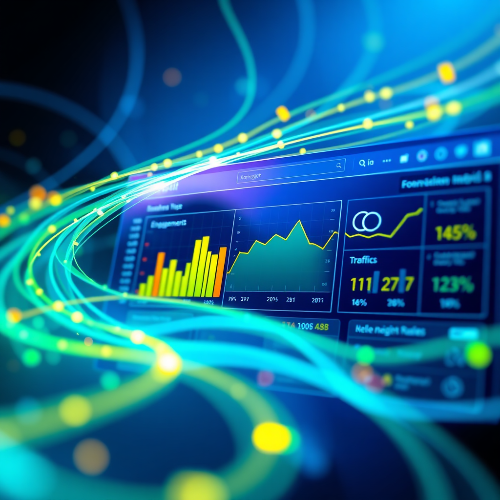 A graphic representation of data streams flowing into a dashboard displaying key website metrics such as traffic, engagement, and conversion rates. The lighting is dynamic, with pulsating lights highlighting the flow of data. The color palette is primarily blue and green, with accents of yellow and orange to represent key performance indicators. The image should evoke a sense of data-driven insights.