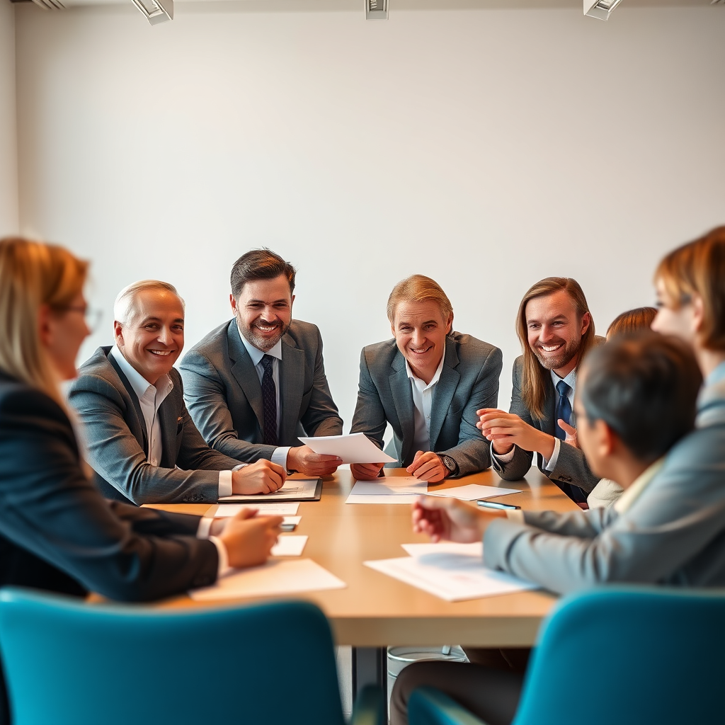A group of business executives gathered around a table, brainstorming and discussing strategies. The scene is brightly lit and optimistic, with smiles and positive body language. The color palette is warm and inviting. 4K resolution, high quality.