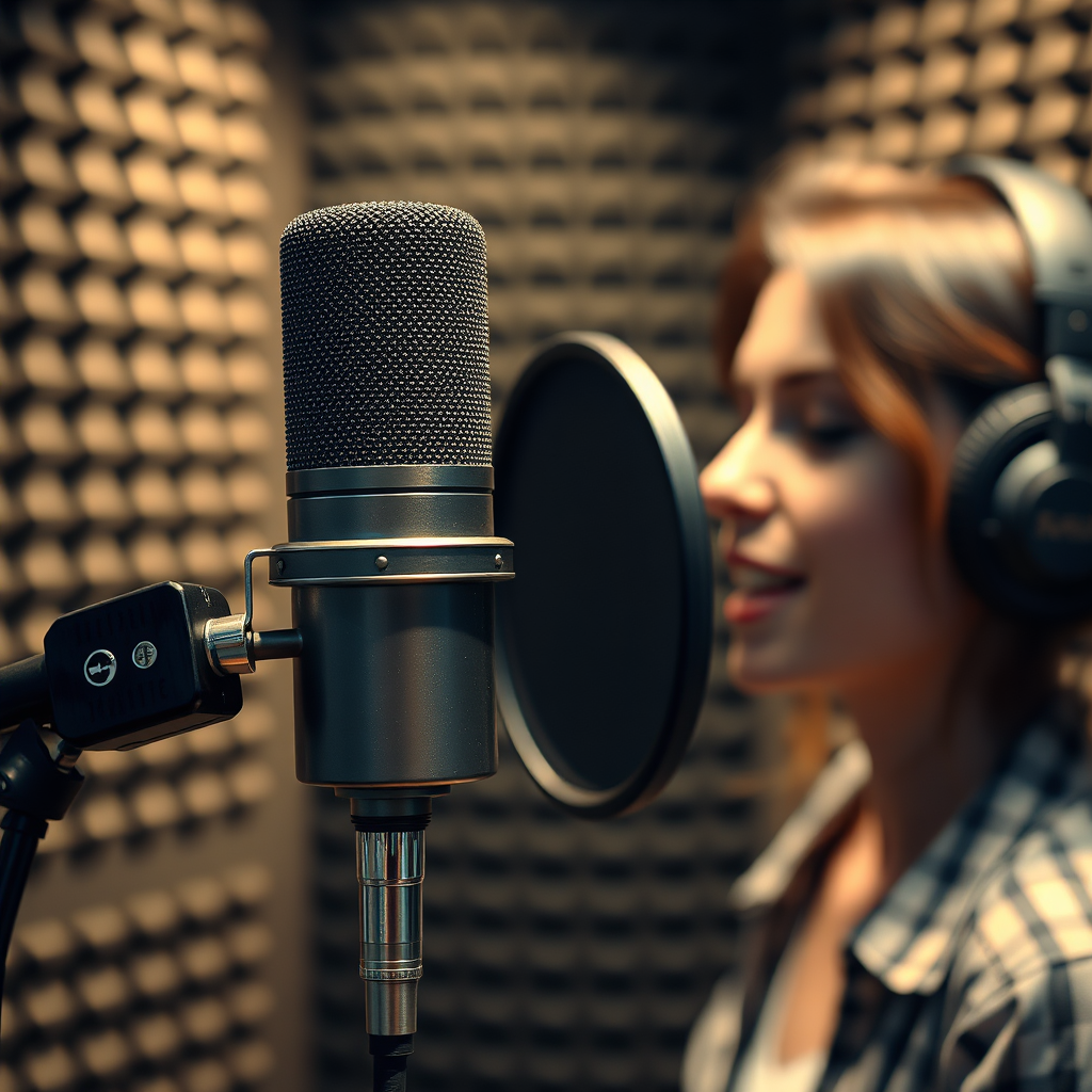 A high-end condenser microphone in a professionally treated recording booth, capturing a vocal performance. The lighting is soft and flattering, highlighting the vocalist's expression. Focus on the details of the microphone and the booth's acoustic treatment. The atmosphere is inspiring and comfortable. 4k resolution, photorealistic.