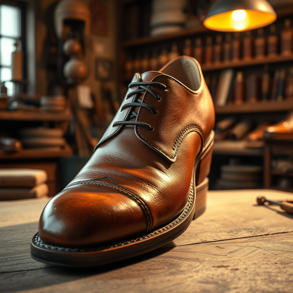 A high-quality, photorealistic image in 4k of a meticulously crafted leather shoe. The lighting is warm and focused, highlighting the textures and details of the leather. The background is a traditional shoemaker's workshop, creating a sense of history and craftsmanship. Color palette: warm and inviting.