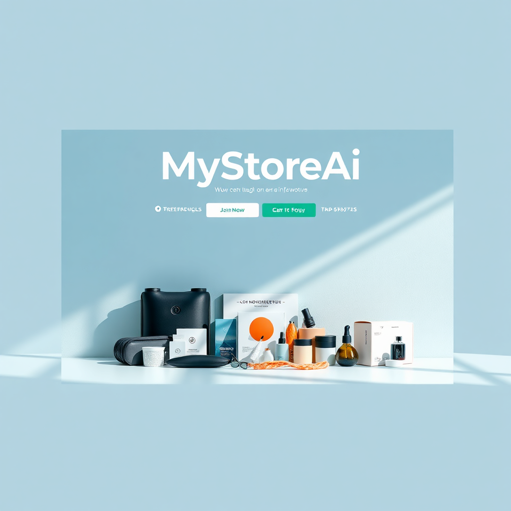 A high-resolution photo of a sleek and modern website landing page showcasing MyStoreAi's logo prominently. The layout is clean and intuitive, with a hero image featuring a diverse range of products subtly arranged. Soft, natural lighting creates an inviting atmosphere. The color scheme uses calming blues and greens with pops of vibrant accent colors to draw the eye. Minimalist design elements emphasize user experience and ease of navigation. The image should evoke a sense of sophistication and innovation.