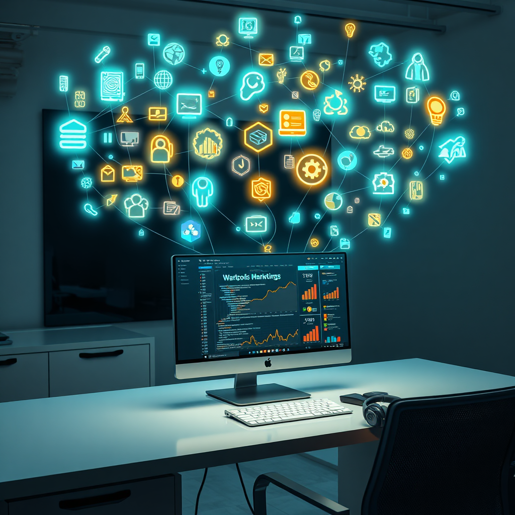 A hyperrealistic 8K image showcasing the Webtools Package Builder. The central subject is a glowing, interconnected network of digital tools icons (e.g., code snippets, design palettes, marketing graphs) floating above a sleek, modern workstation. The lighting should be soft and diffused, emanating from the digital tools themselves, casting subtle reflections on the workstation. Color palette should be primarily cool blues and greens, with accents of vibrant orange and yellow to represent creativity and innovation. The camera angle is a slightly elevated perspective, capturing the workstation and the floating tools in a visually appealing composition. Texture details should be crisp and refined, emphasizing the high-tech nature of the software. The environment should be a clean, minimalist office space. Props include a stylish monitor displaying a user-friendly interface and a pair of modern headphones. The style is reminiscent of a futuristic tech advertisement. The overall impression is one of seamless integration and powerful capabilities.