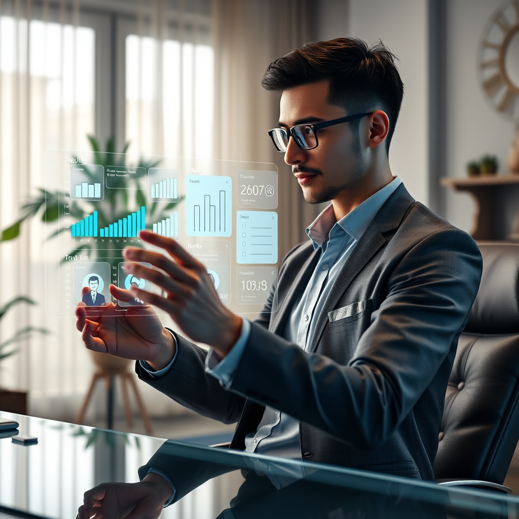 A hyperrealistic, 8K resolution image showcasing a modern professional working seamlessly with a holographic virtual assistant interface. The interface displays charts, calendars, and to-do lists, indicating efficient task management. The lighting is soft and ambient, creating a sense of calm productivity. The color palette uses blues, greens, and silvers to convey trust and innovation. The camera angle is a medium shot, focusing on the interaction between the professional and the virtual assistant interface. Subtle textures, like a leather chair and a glass desk, add to the realism. The environment is a stylish home office. Include a subtle logo of SenorAI in the background. The image should evoke a feeling of empowerment and streamlined productivity, highlighting the value and ease of use of SenorAI Virtual Assistants. This visual should symbolize 'Features and scope, and pricing and all related issues' by showcasing accessibility and efficiency.