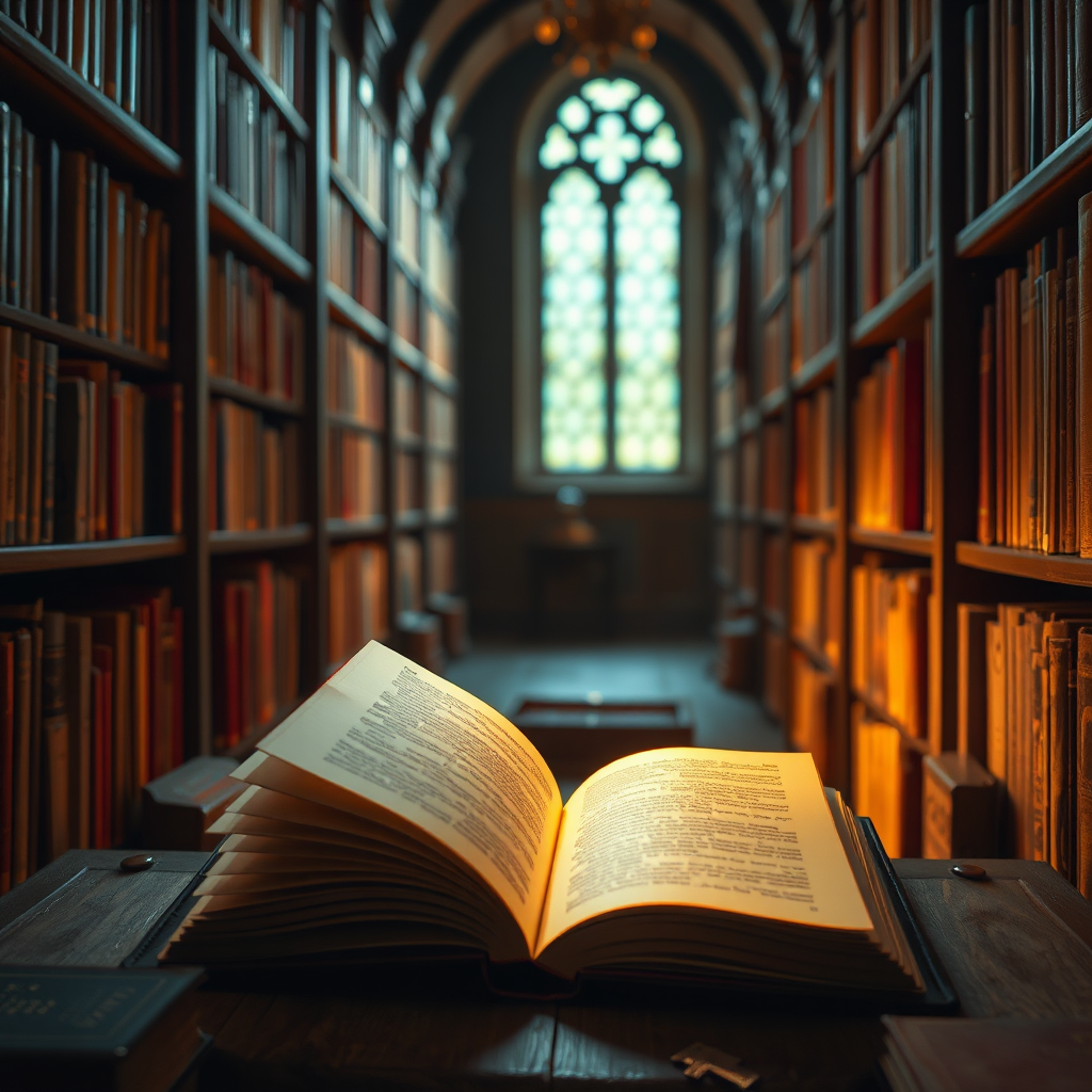 A library filled with books of fairy tales. One book open with glowing pages, and light shining out. Soft focus, warm colors.