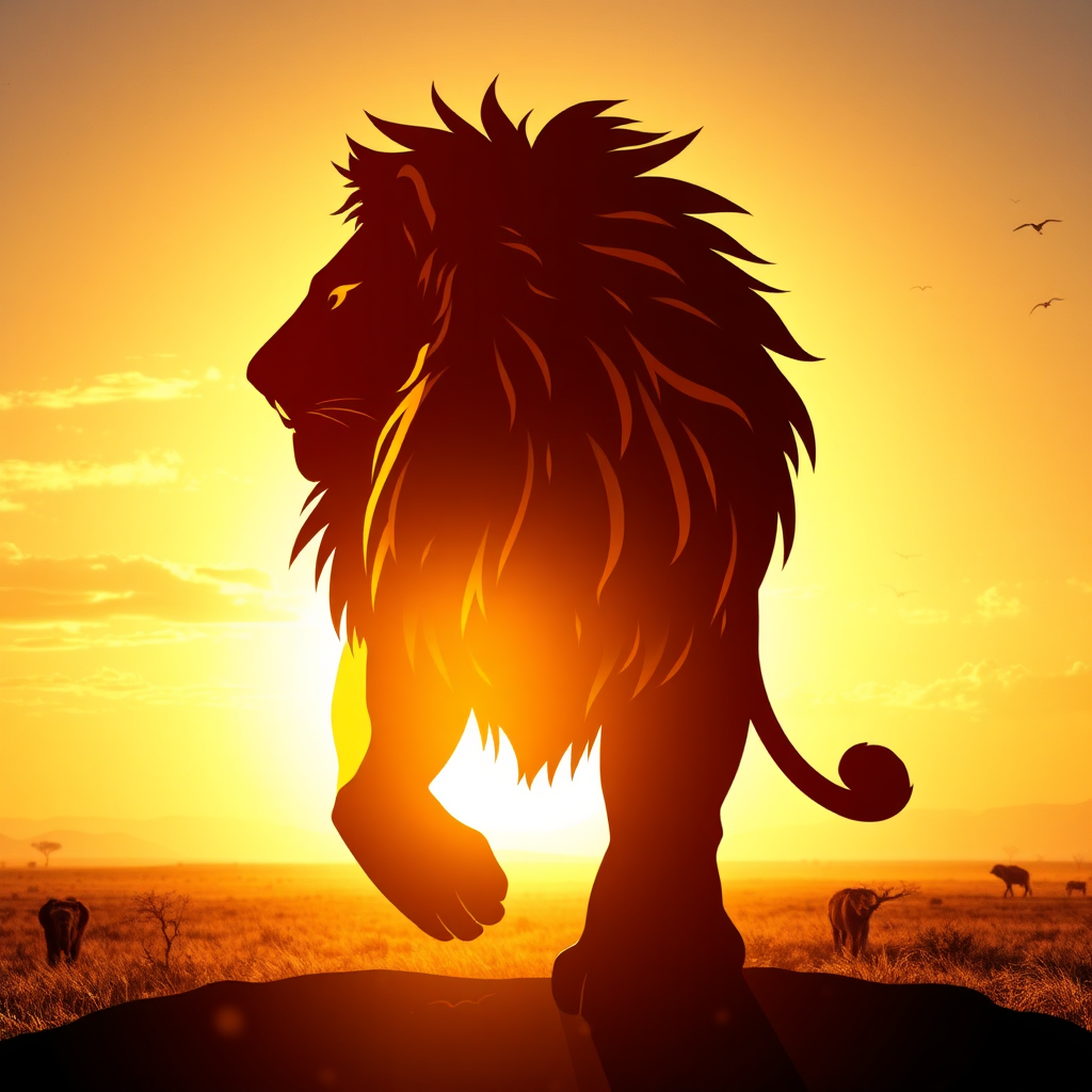 A majestic image representing Leo. Depict a stylized lion silhouette bathed in golden sunlight. The background should feature a vast savannah landscape. The overall feel should be one of power, courage, and leadership. Lighting should be dramatic and warm. Style: A photorealistic style with vibrant colors and sharp details. High quality.