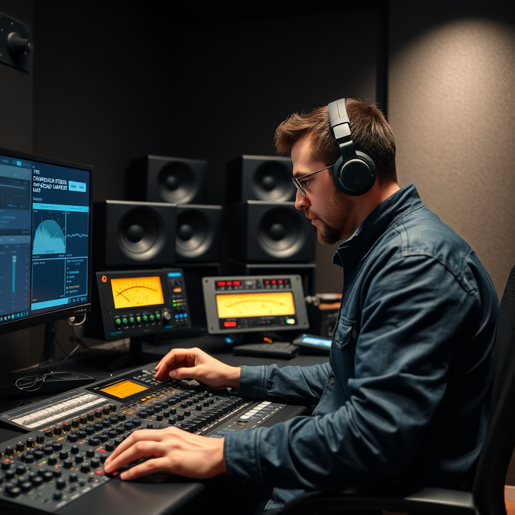 A mastering engineer working on a track, using various metering tools and plugins to optimize the sound. The scene is a professional mastering suite with high-quality monitors and equipment. The lighting is precise and focused. 4k resolution, photorealistic.