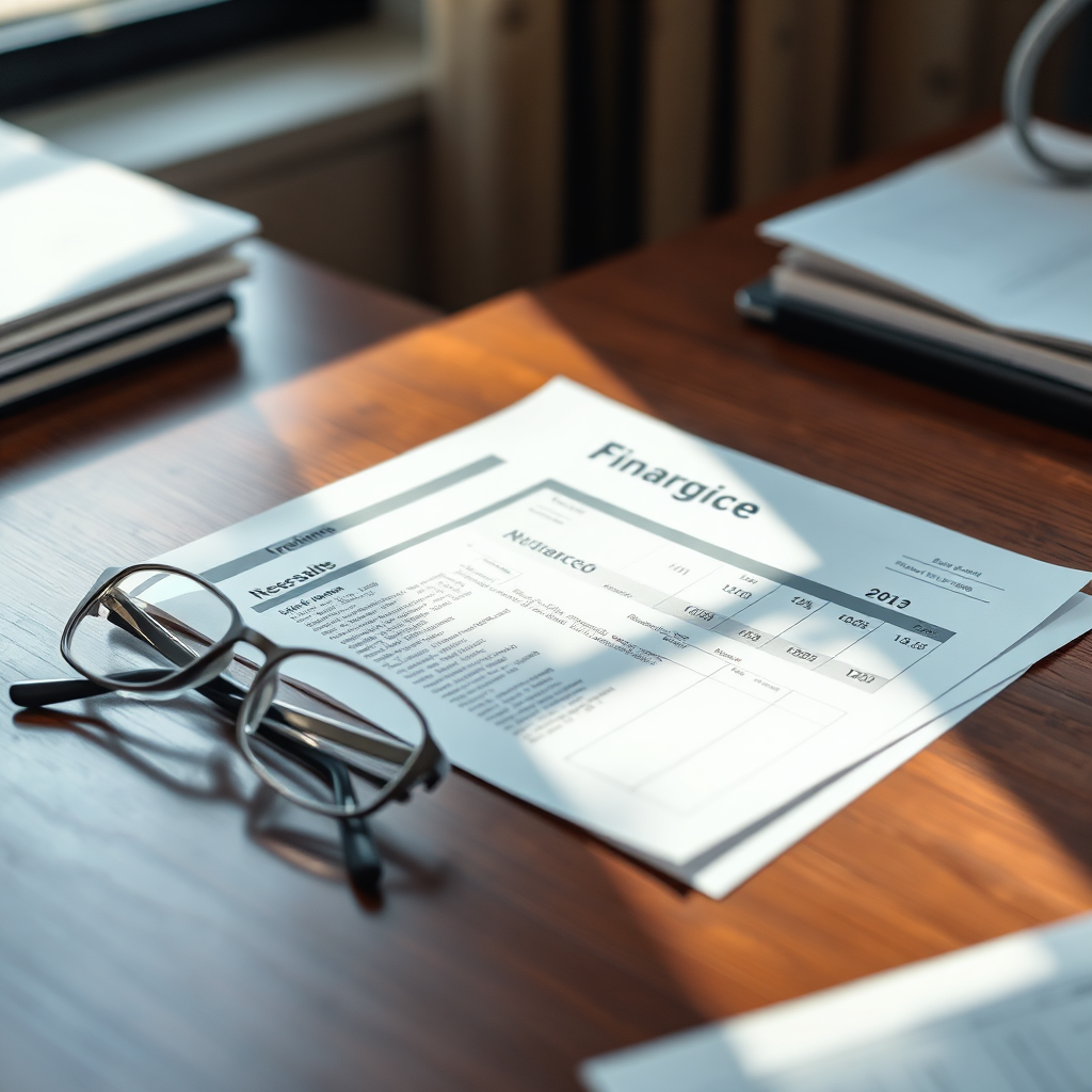 A meticulously crafted financial statement lying on a wooden desk, illuminated by soft, natural light. A pair of reading glasses rests beside it, suggesting careful review. The environment is an executive office setting. 4K resolution, high quality.