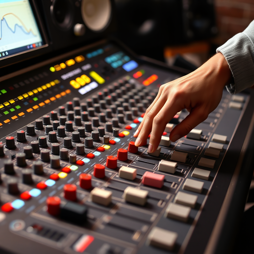 A mixing console with various knobs, faders, and displays, with a person's hands adjusting the settings. The focus should be on the console's complexity and the person's expertise in using it. The lighting should be focused on the console, highlighting the different sections and controls. 4k resolution, photorealistic.