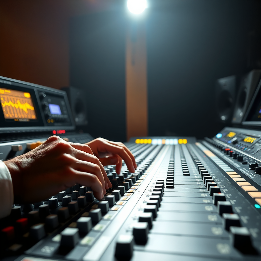 A mixing console with various knobs, faders, and displays, with a person's hands carefully adjusting the settings. The lighting is focused on the console, highlighting the different sections and controls. 4k resolution, photorealistic.
