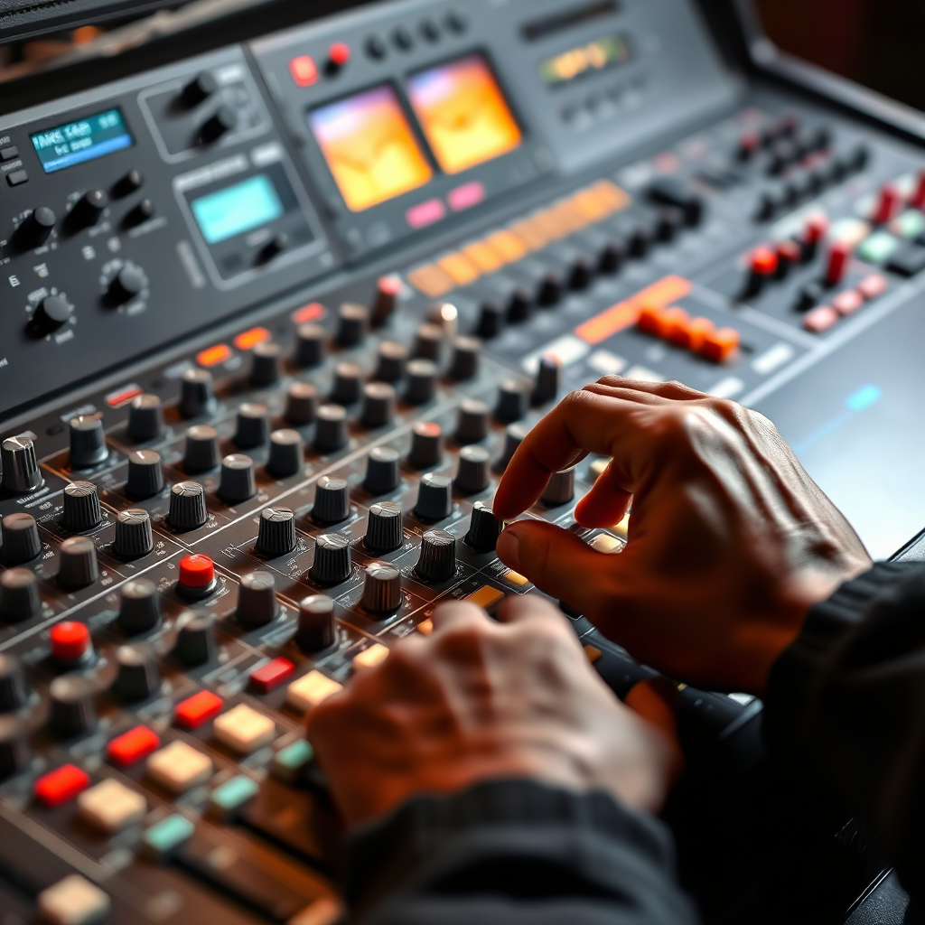 A mixing console with various knobs, faders, and displays, with a person's hands carefully adjusting the settings. The lighting should be focused on the console, highlighting the different sections and controls. 4k resolution, photorealistic.