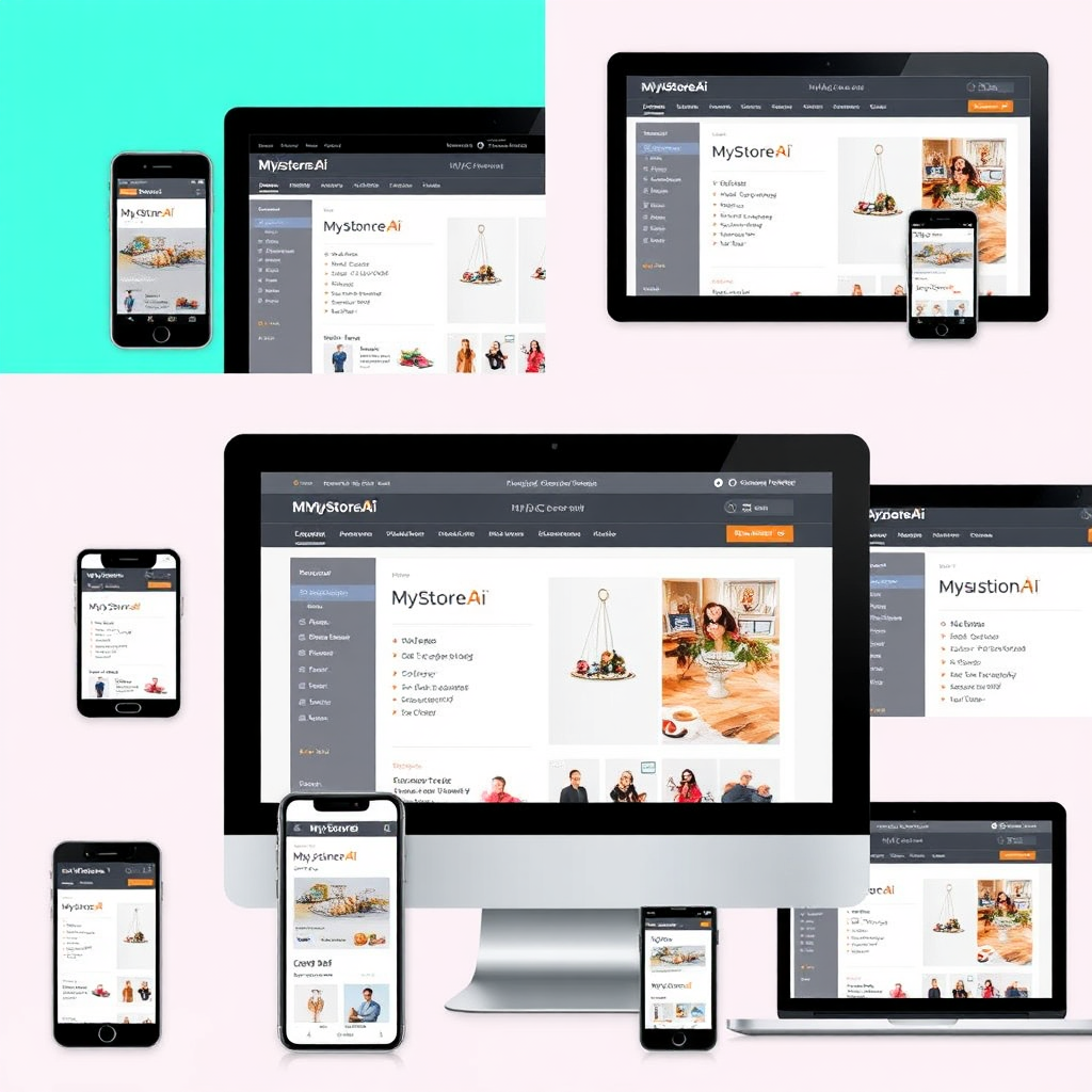 A montage showcasing MyStoreAi's website navigational bar displayed on various devices, including smartphones, tablets, and desktops. The navigational bar is fully responsive, adapting to the screen size and orientation of each device. The image is designed to highlight the platform's cross-device compatibility and user-friendliness.