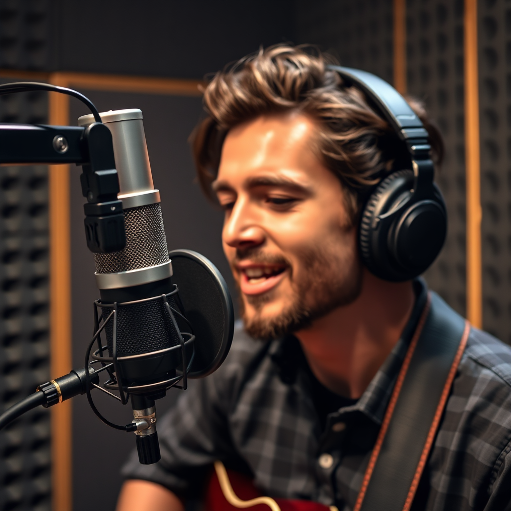 A musician recording vocals in a professional recording booth, using a high-quality microphone with a pop filter. The recording booth should be acoustically treated and well-lit. Focus on the musician's expression and the microphone's detail. 4k resolution, photorealistic.