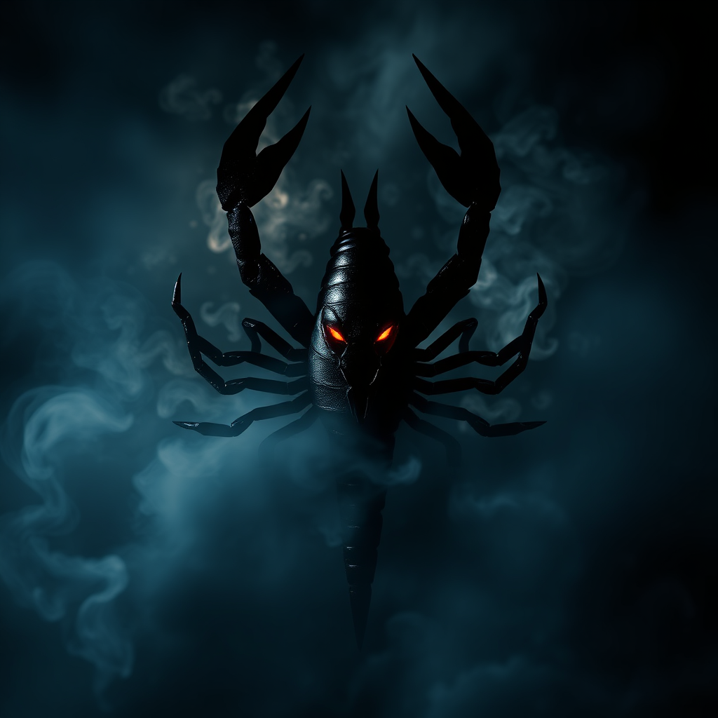 A mysterious image representing Scorpio. Depict a stylized scorpion silhouette with piercing eyes against a backdrop of dark, swirling smoke. The overall feel should be one of power, mystery, and transformation. Lighting should be dramatic and contrast-rich. Style: A dark and moody digital painting, emphasizing shadows and textures. High quality.