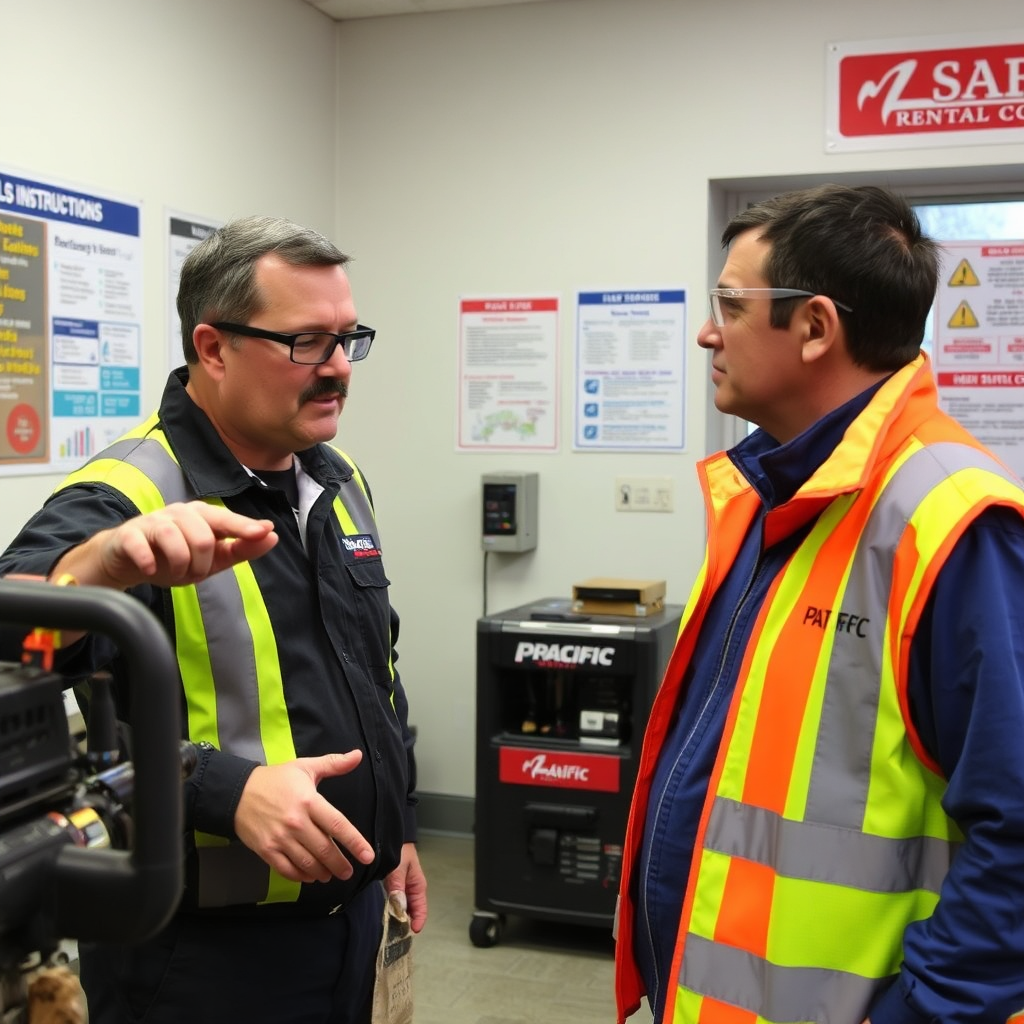 A Pacific Rental Company employee is providing safety instructions to a customer before renting a piece of equipment. The employee is pointing to the safety features of the equipment (e.g., guards, emergency shut-off switches) and explaining how to use them properly. The customer is listening attentively, wearing appropriate safety gear (e.g., safety glasses, gloves). The setting is a clean and well-organized rental office, with safety posters and informational displays on the walls. The overall impression is one of responsibility and commitment to safety.