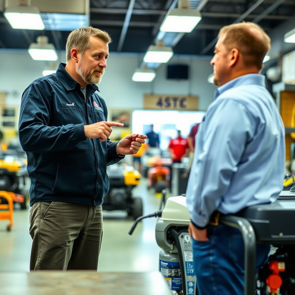 A Pacific Rental Company employee is providing expert advice to a customer in a well-lit showroom. The employee is pointing to the features of a piece of equipment (e.g., a tile saw or a generator) while the customer listens attentively. The setting is professional and inviting, with various pieces of equipment displayed in the background. The overall atmosphere is one of trust, expertise, and customer service.