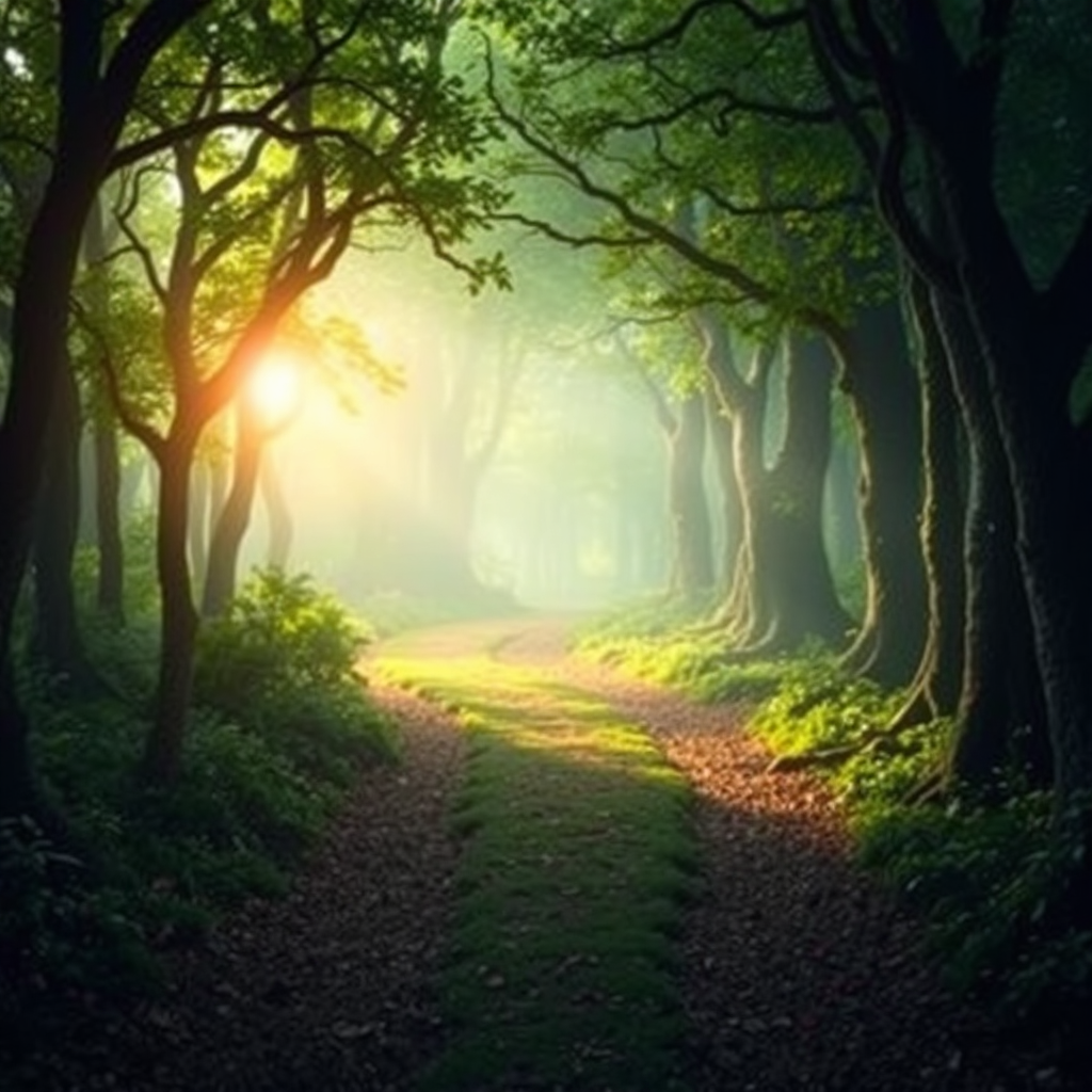 A path leading into a forest, symbolizing a journey to a fairy tale. The path winds through a beautiful enchanted forest. The lighting is magical.