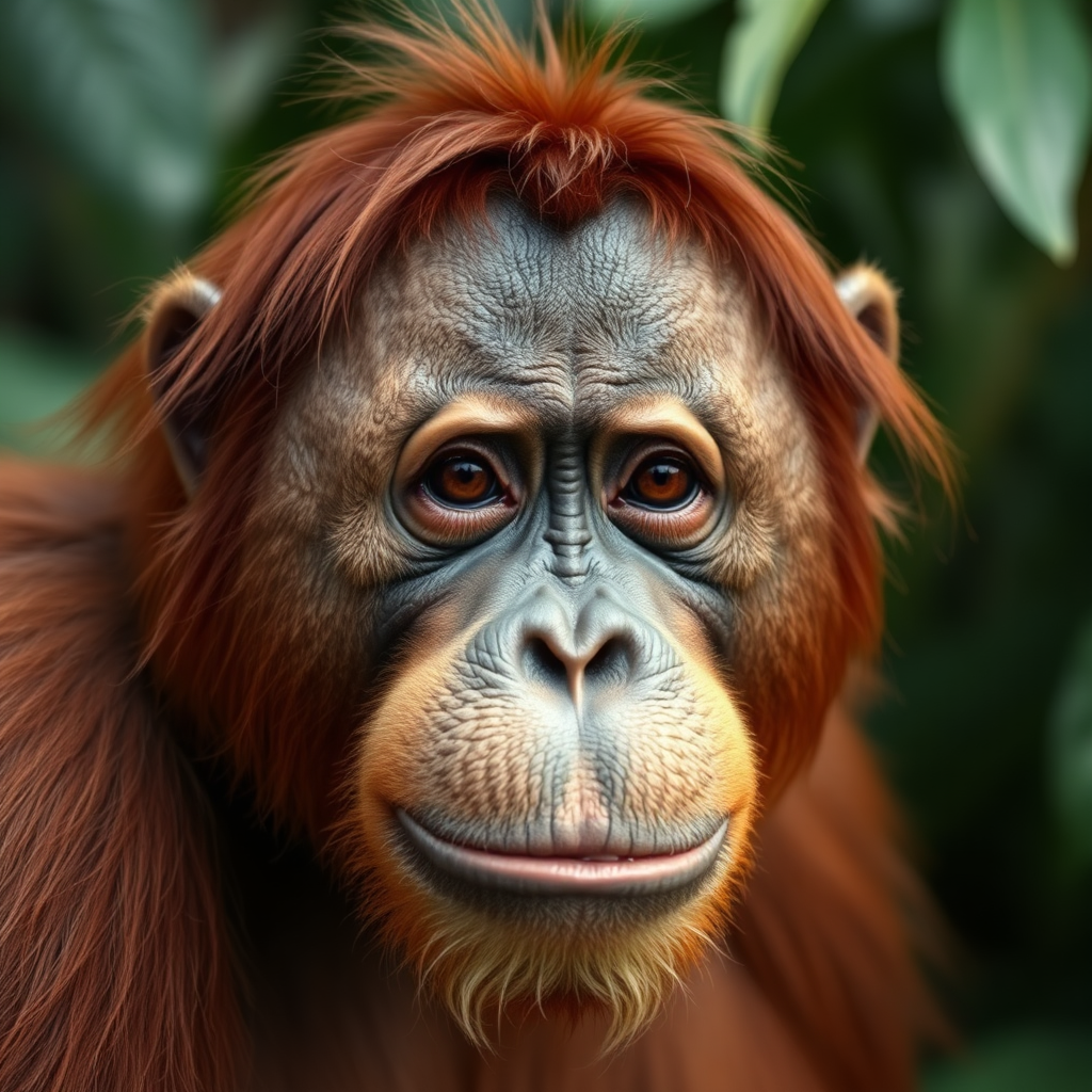 A photorealistic animal portrait of an orangutan. The lighting should be soft and diffused, highlighting the orangutan's wise and expressive face. Colors should be natural, focusing on the orangutan's reddish-brown fur. Camera angle: Close-up to capture the animal's facial details and emotions. Texture is key, showcasing every wrinkle and strand of hair. Background is a blurred green jungle. Technical specs: 4K resolution, high quality.