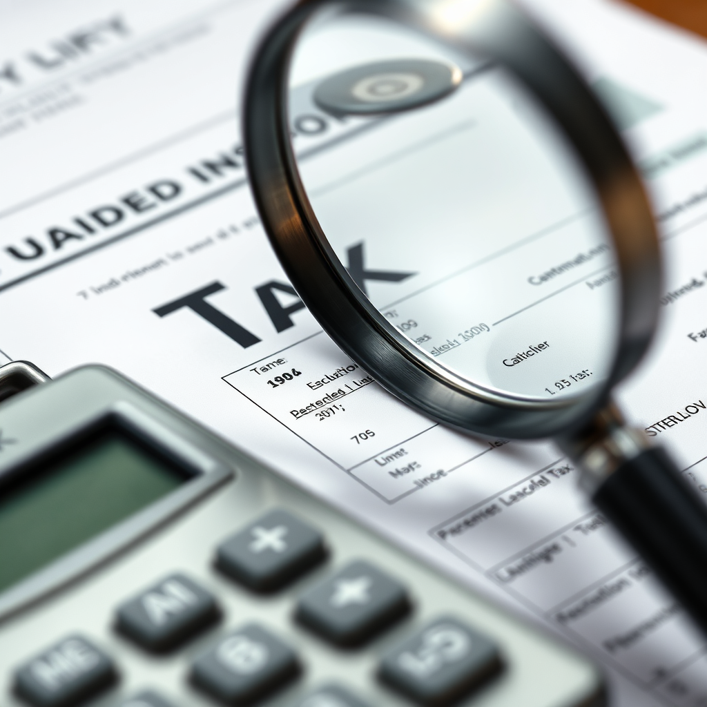 A photorealistic close-up of a calculator with a magnifying glass hovering over a tax form. The lighting is focused and sharp, highlighting the details of the form and calculator. The color palette is muted and serious, with shades of gray and green. The style is detailed product photography. 4K resolution, high quality.