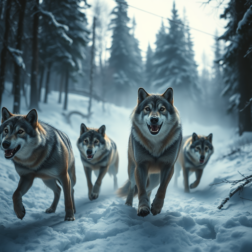 A photorealistic image capturing a pack of wolves hunting in a snowy forest. The lighting should be dramatic and intense, highlighting the wolves' movements. Colors should be cool and muted, reflecting the winter environment. Camera angle: Low angle to emphasize the wolves' power and agility. Texture should be realistic, emphasizing the wolves' fur and the snow-covered ground. Technical specs: 4K resolution, high quality.