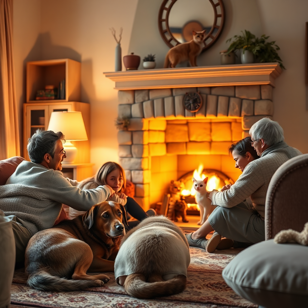 A photorealistic image capturing the cozy atmosphere of a home filled with domestic animals. The scene depicts a family gathered around a fireplace, with a dog curled up at their feet and a cat perched on the mantelpiece. The lighting is warm and inviting, creating a sense of comfort and security. The color palette is soft and muted, with hues of cream, brown, and beige dominating the scene. The camera angle is a medium shot, focusing on the interactions between the family and their pets. Textures are hyperrealistic, emphasizing the fur of the animals and the soft fabrics of the furniture. Technical specs: 4K resolution, high quality.