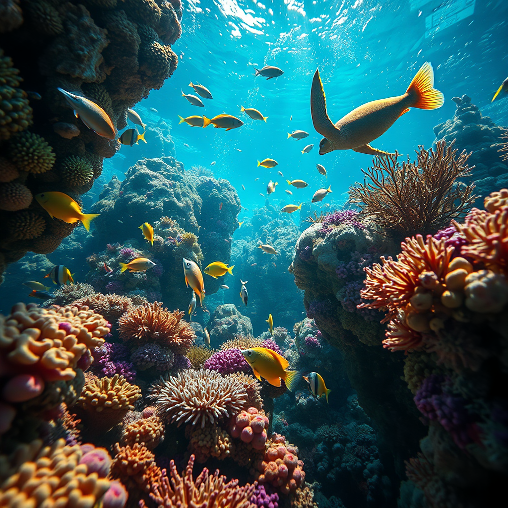 A photorealistic image capturing the hidden wonders of the underwater world. The scene depicts a vibrant coral reef teeming with colorful fish, sea turtles, and other marine life. The lighting is bright and shimmering, creating a sense of wonder and discovery. The color palette is rich and diverse, with hues of blue, green, and yellow dominating the scene. The camera angle is a close-up shot, focusing on the intricate details of the coral and the unique features of the marine animals. Textures are hyperrealistic, emphasizing the scales of the fish and the delicate structures of the coral. Technical specs: 4K resolution, high quality.