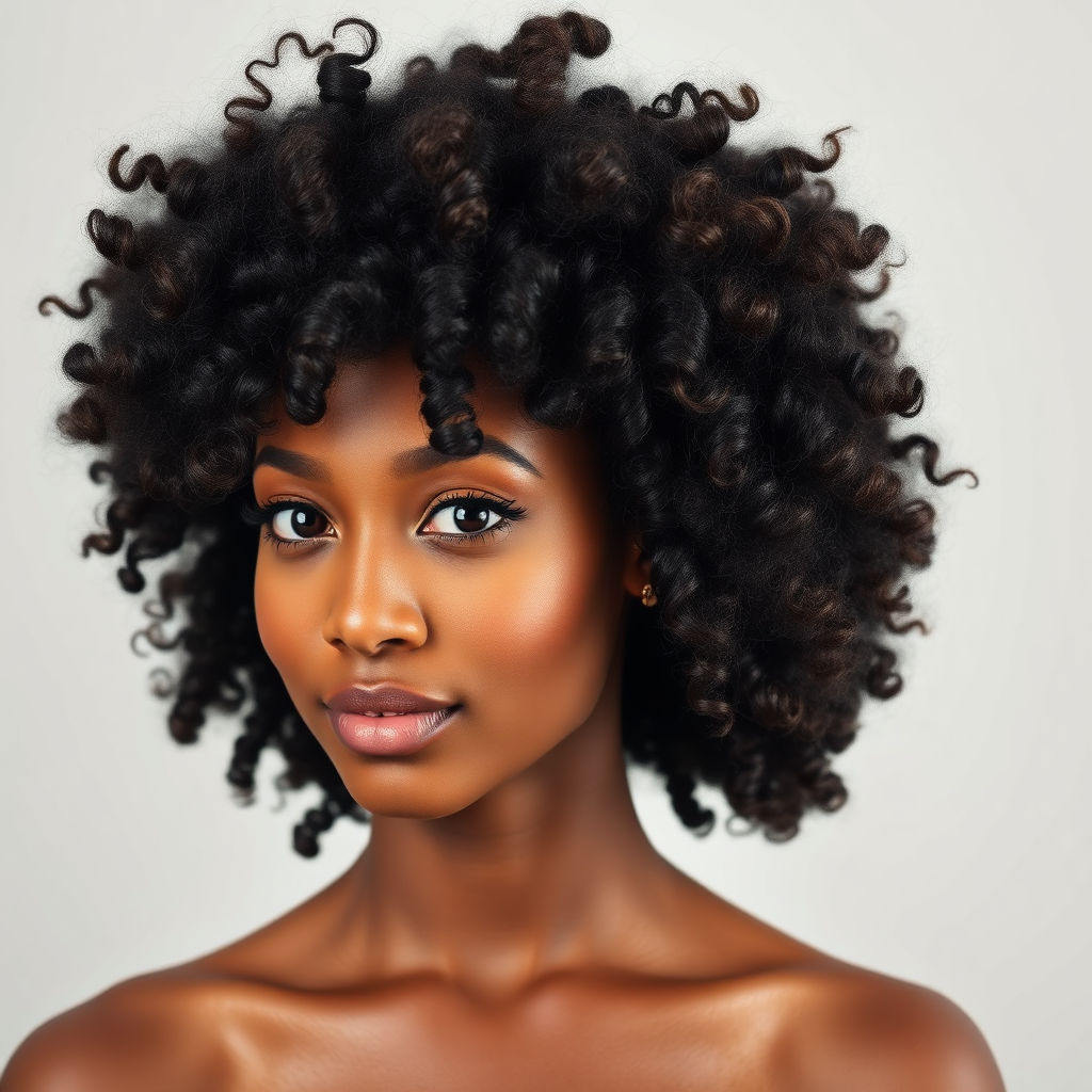 A photorealistic image capturing a person with beautifully styled natural curly hair. The curls are defined, voluminous, and healthy-looking. The lighting is soft and diffused to highlight the texture and dimension of the hair. The background is simple and uncluttered.