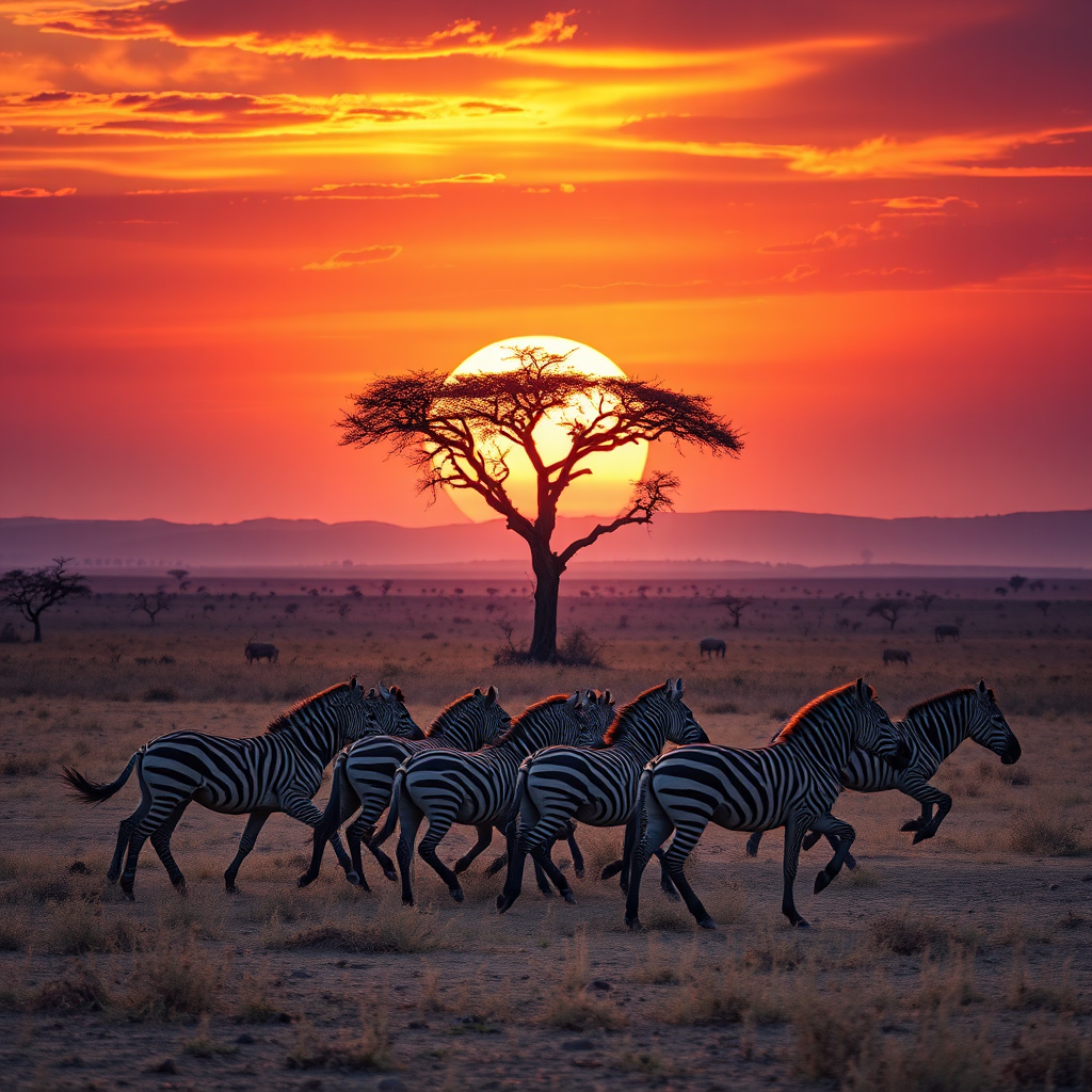 A photorealistic image capturing the untamed beauty of the African savanna. The scene depicts a herd of zebras galloping across the plains at sunset, with a lone acacia tree silhouetted against the fiery sky. The lighting is dramatic and evocative, with long shadows stretching across the landscape. The color palette is warm and earthy, with hues of orange, red, and gold dominating the scene. The camera angle is a wide shot, capturing the vastness of the savanna and the movement of the zebras. Textures are hyperrealistic, emphasizing the stripes of the zebras and the rough bark of the acacia tree. Technical specs: 4K resolution, high quality.