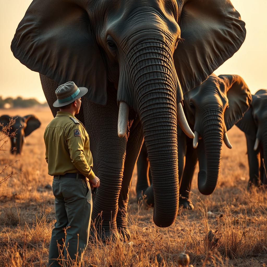 A photorealistic image depicting a wildlife researcher observing a family of elephants in the African savanna. The lighting should be warm and natural, mimicking the golden hour. Colors should be earthy and muted, blending with the savanna landscape. Camera angle: Wide shot to capture the researcher's interaction with the elephants and the vastness of the environment. Texture should be realistic, emphasizing the elephants' skin and the dry vegetation. Technical specs: 4K resolution, high quality.
