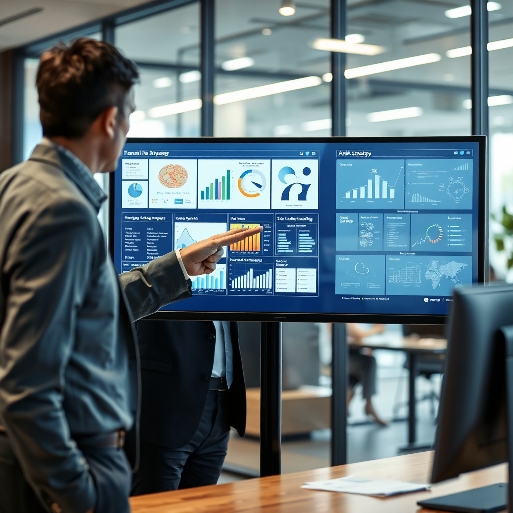 A photorealistic image depicting a consultant advising a client on AI strategy. The consultant is pointing at a screen displaying data visualizations and charts. The background features a blurred view of a modern office. The lighting is professional and focused. Technical specs: 4K resolution, high quality.