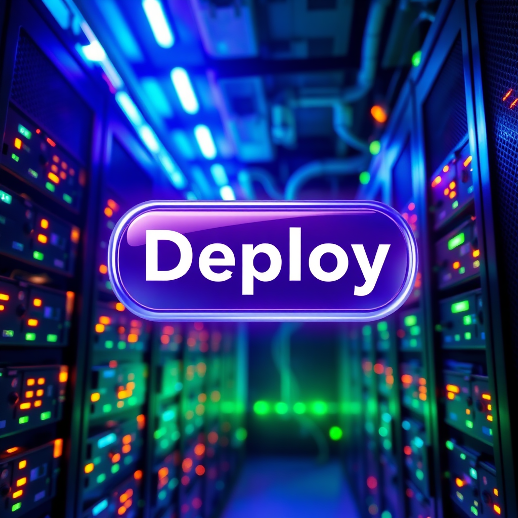 A photorealistic image depicting a server room with glowing lights and spinning hard drives, but with a stylized overlay of a large, prominent 'Deploy' button hovering above the servers. The lighting is dramatic, with strong contrasts between light and shadow. The color palette is primarily dark blues and purples, with accents of vibrant green and orange. The image should evoke a sense of power and efficiency.