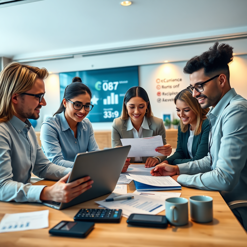 A photorealistic image depicting a diverse team of accountants collaborating around a table, analyzing financial documents and data on laptops. The atmosphere is professional yet friendly, with soft, warm lighting highlighting their focused expressions. The background features a modern office setting with subtle branding elements. The color palette is calm and trustworthy, using blues, greens, and neutral tones. The camera angle is eye-level, capturing the collaborative spirit. Texture details should be crisp, emphasizing the paper, screens, and office furniture. Props include financial reports, calculators, and coffee mugs. The style is contemporary corporate photography with an emphasis on teamwork and expertise. 4K resolution, high quality.