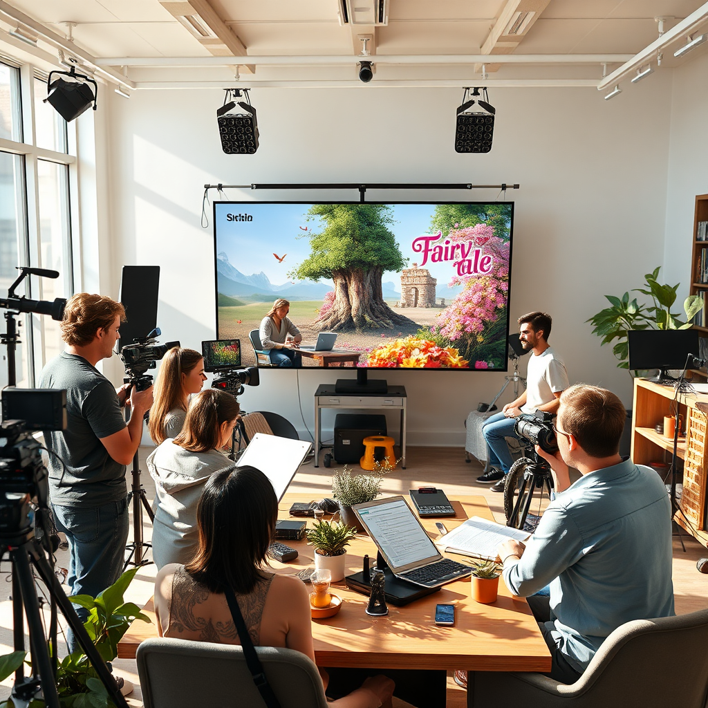 A photorealistic image for the 'About Us' section, showcasing a team of diverse individuals collaborating in a modern, sunlit studio. The scene includes storyboards, cameras, and editing equipment subtly arranged to highlight the process of video production. A large screen displays a scene from a fairy tale video, reflecting the team's creative focus. The atmosphere is collaborative and inspiring. The color palette is bright and airy, with pops of vibrant colors. Camera angle should be eye-level, capturing the team's energy and enthusiasm. Textures should be clean and modern, with a touch of warmth from wooden accents and potted plants. Style references include modern studio photography with a touch of whimsy. Render in 4K resolution for high quality.