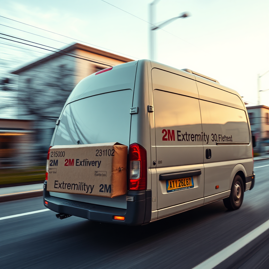 A photorealistic image in 4k depicting a delivery van speeding down a street, with a package clearly marked with the 2M Extremities logo. Emphasize speed and efficiency.