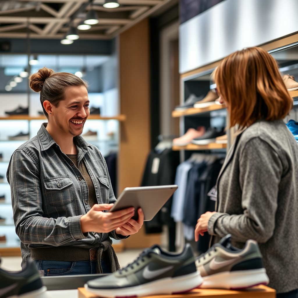 A photorealistic image in 4K of a friendly sales associate providing shoe recommendations to a customer using a tablet in a modern, well-lit store setting. Focus on personalized service.